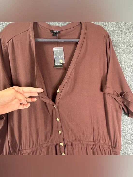 Torrid Romper Womens 3X Brown Rayon Slub Button Front V-Neck Tie Waist Pockets - Picture 7 of 16